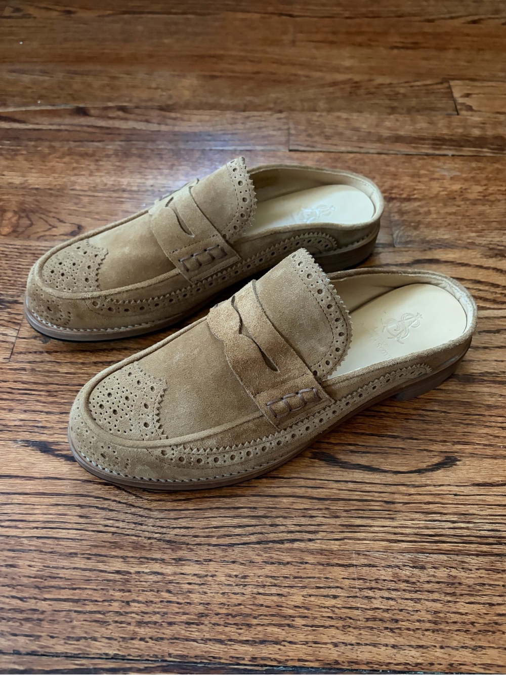 THE OFFICE OF ANGELA SCOTT Miss Emma Wingtip Mule Cognac Suede Tan Size 38 - Picture 3 of 15
